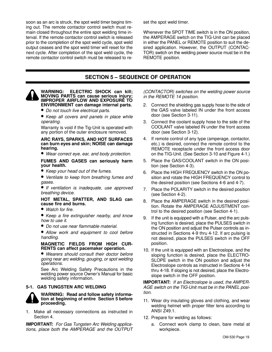 Miller Electric KC237900 Sequence of Operation, Fumes and Gases can seriously harm your health, GAS Tungsten ARC Welding 