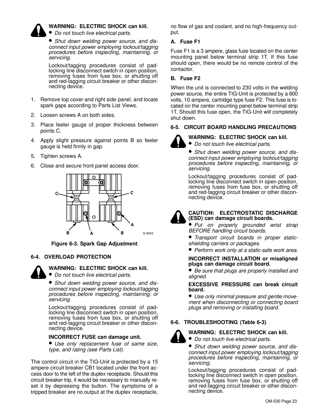 Miller Electric KC237900 manual Overload Protection, Circuit Board Handling Precautions 