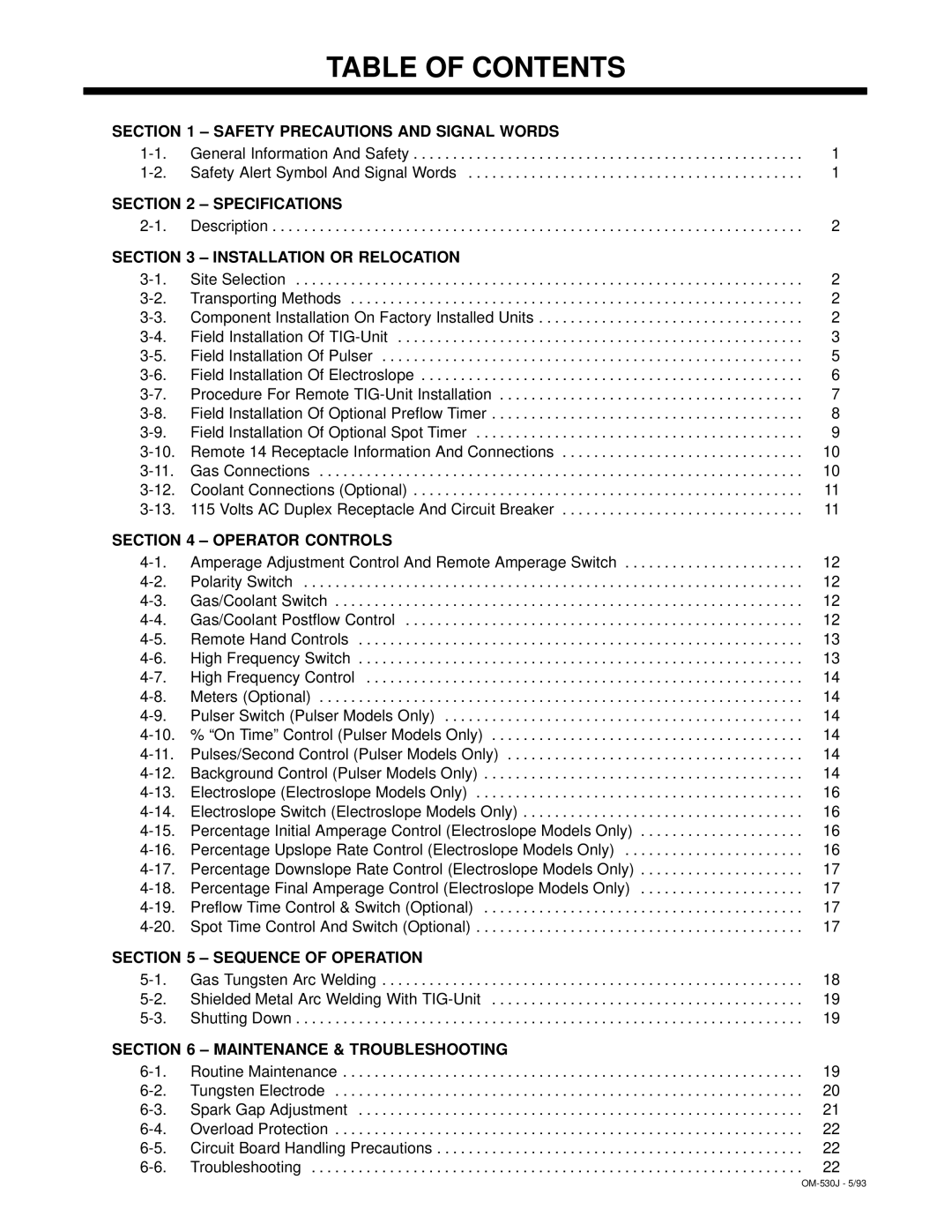 Miller Electric KC237900 manual Table of Contents 