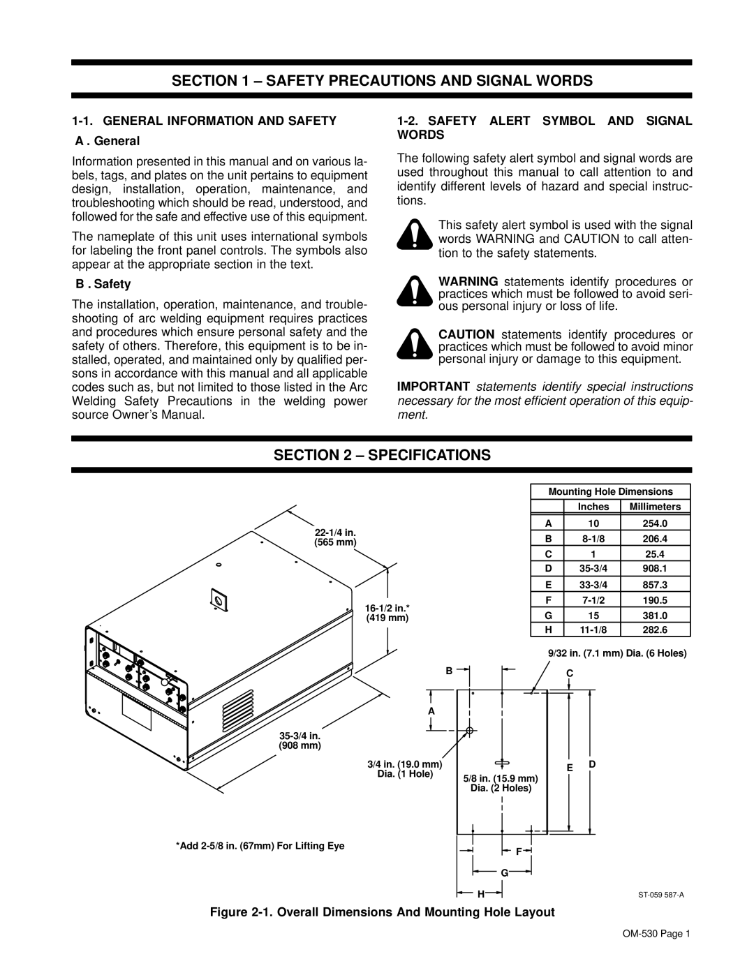 Miller Electric KC237900 manual Safety Precautions and Signal Words, Specifications, General Information and Safety 