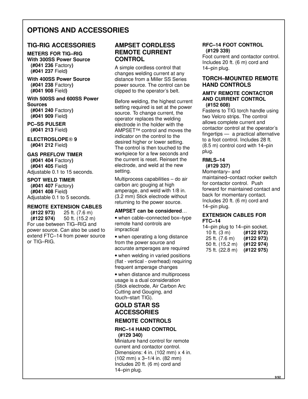 Miller Electric KC237900 manual TIG-RIG Accessories, Ampset Cordless Remote Current Control, Gold Star SS Accessories 