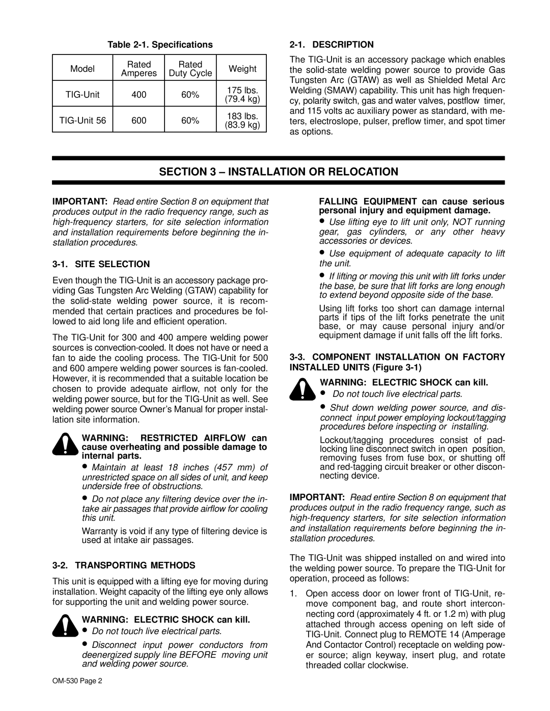 Miller Electric KC237900 manual Installation or Relocation, Description, Site Selection, Transporting Methods 