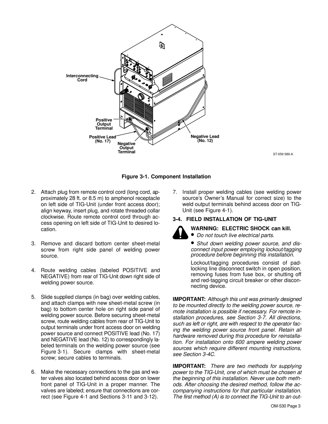 Miller Electric KC237900 manual Component Installation, Field Installation of TIG-UNIT 