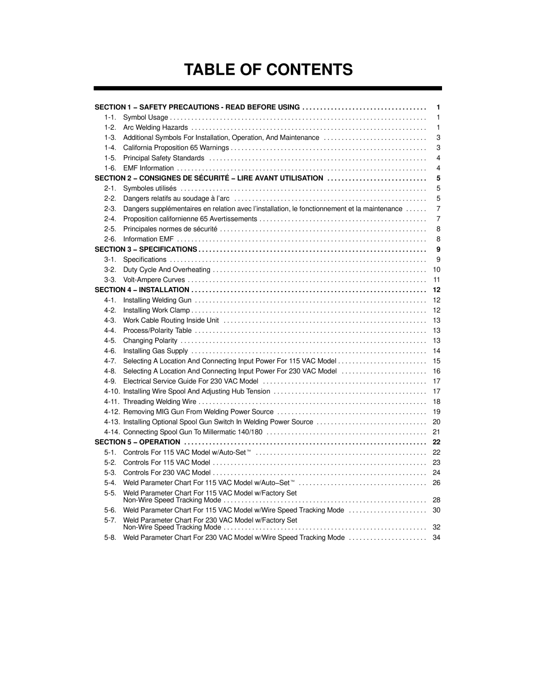 Miller Electric 140 Auto-Set, M-10 Gun, 180 manual Table of Contents 