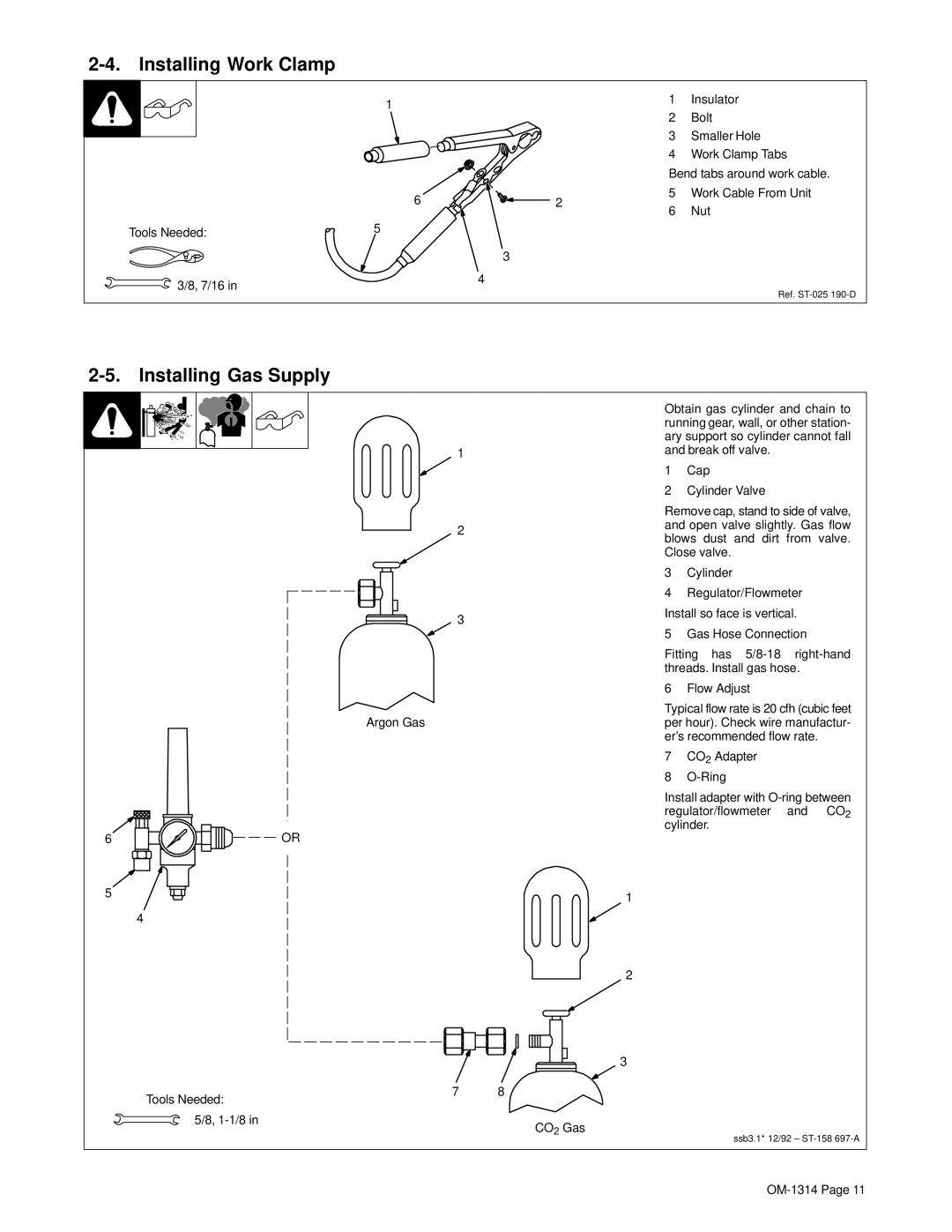 Miller Electric M-15 manual Installing Work Clamp, Installing Gas Supply 