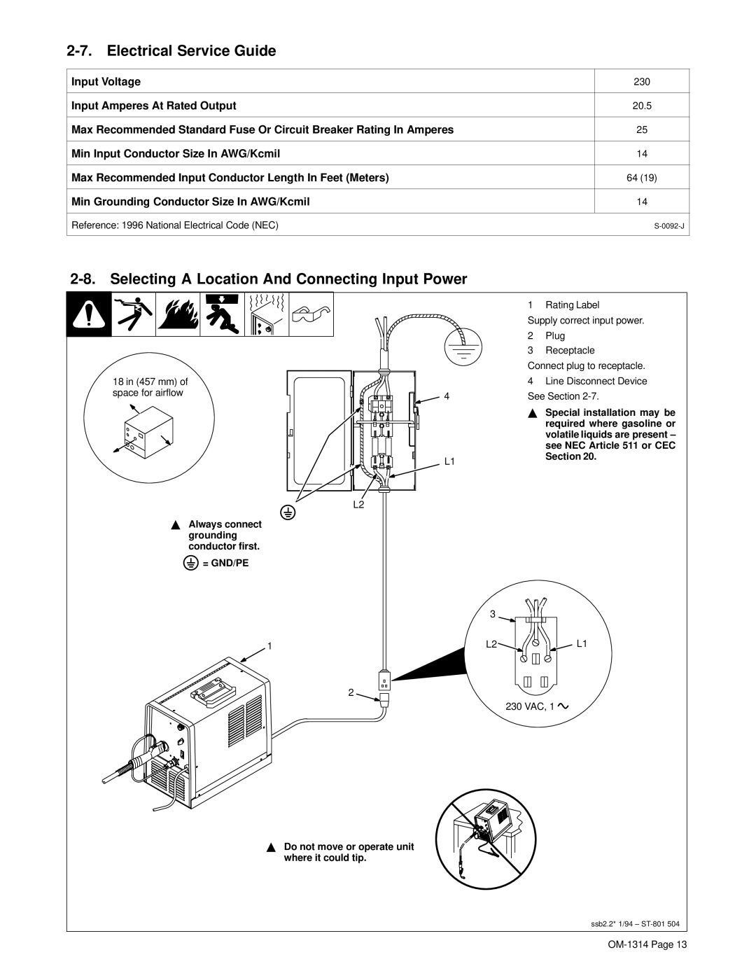 Miller Electric M-15 manual Electrical Service Guide, Selecting a Location And Connecting Input Power 