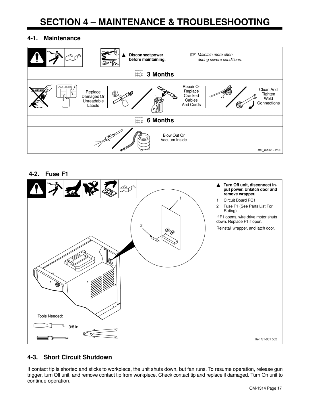 Miller Electric M-15 manual Maintenance & Troubleshooting, Months, Fuse F1, Short Circuit Shutdown 