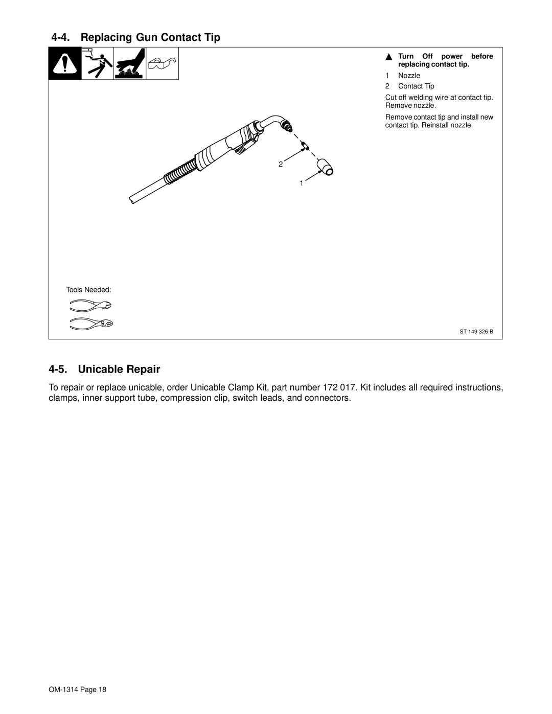 Miller Electric M-15 manual Replacing Gun Contact Tip, Unicable Repair, Turn Off power before replacing contact tip 