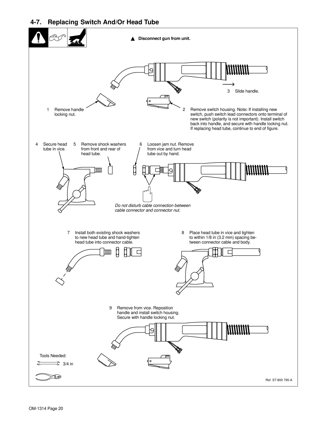 Miller Electric M-15 manual Replacing Switch And/Or Head Tube, Remove handle Remove switch housing. Note If installing new 