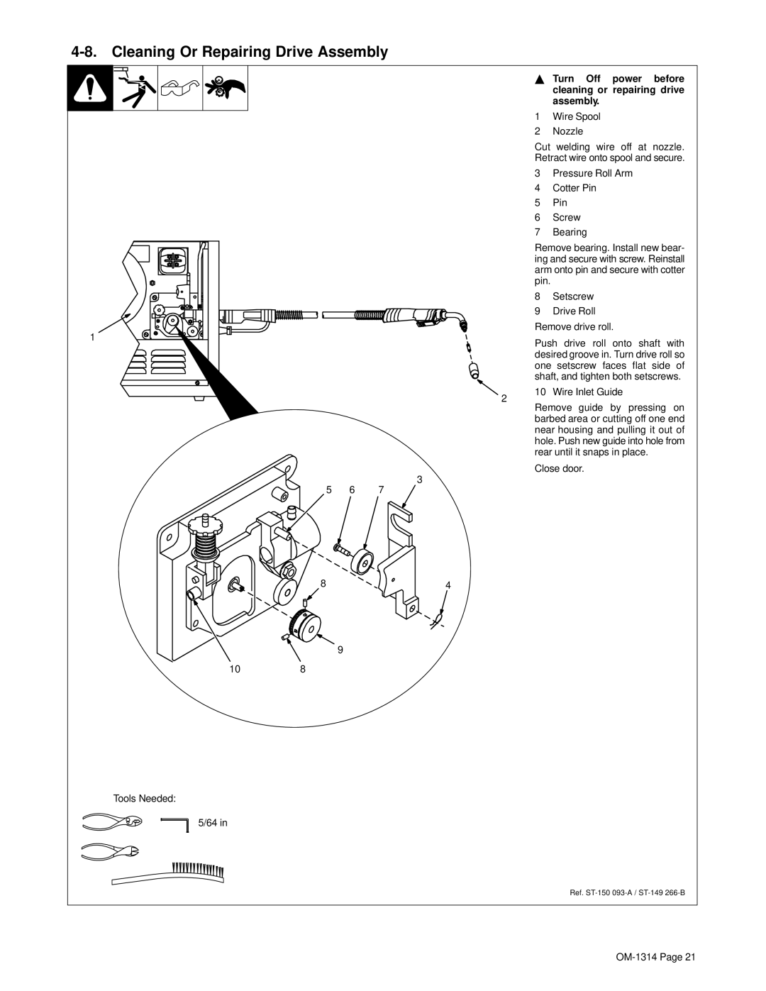 Miller Electric M-15 Cleaning Or Repairing Drive Assembly, Turn Off power before cleaning or repairing drive assembly 