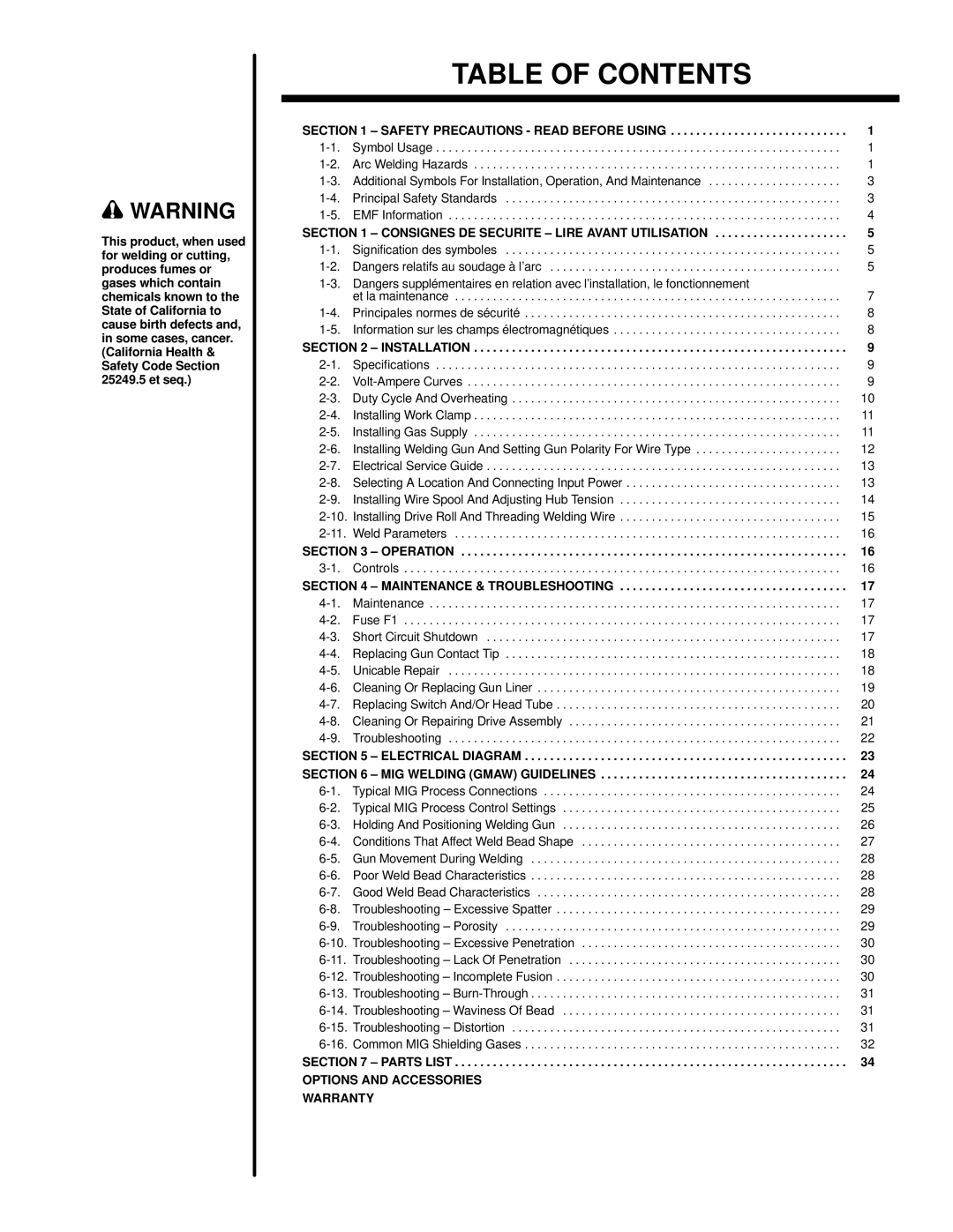 Miller Electric M-15 manual Table of Contents 