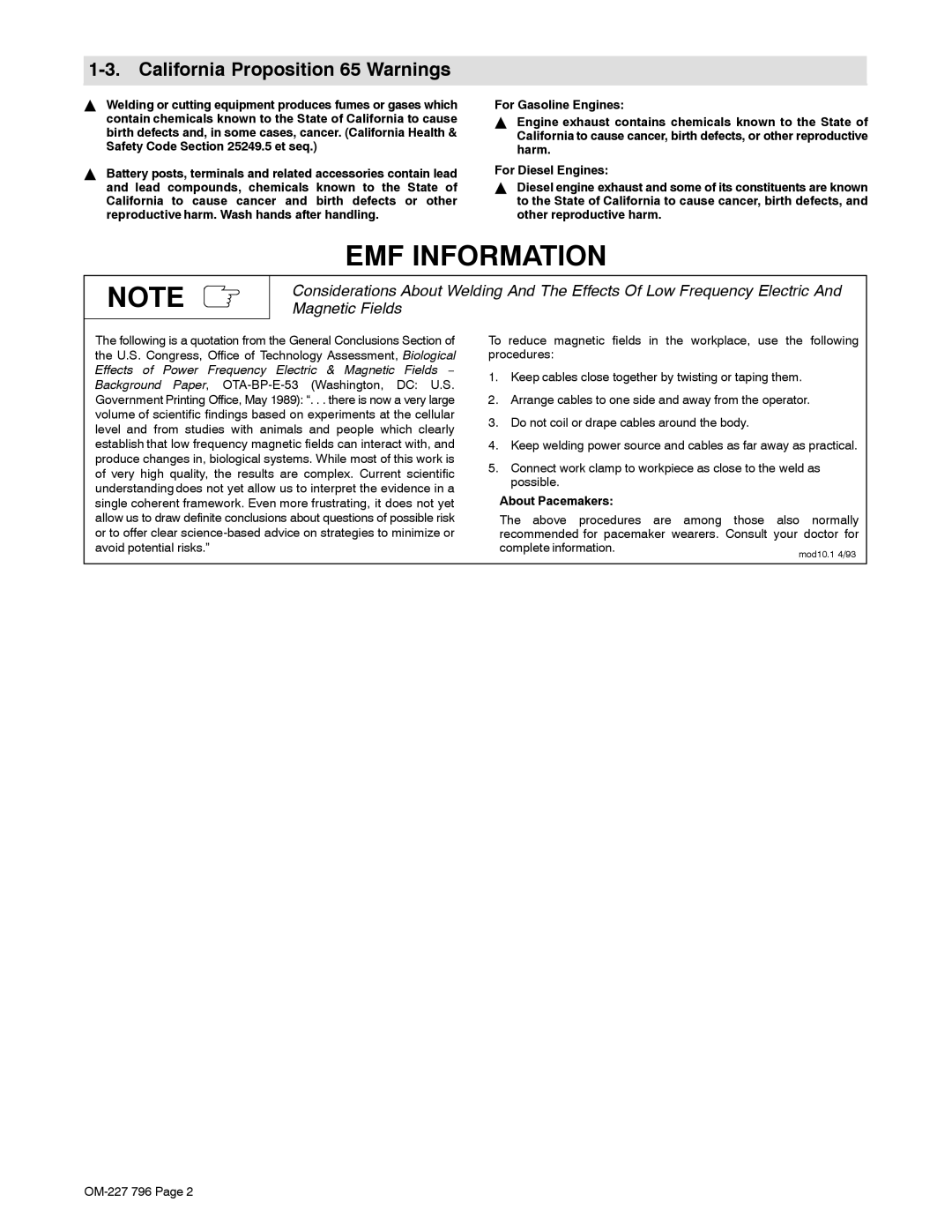 Miller Electric M-25 manual EMF Information, California Proposition 65 Warnings, About Pacemakers 