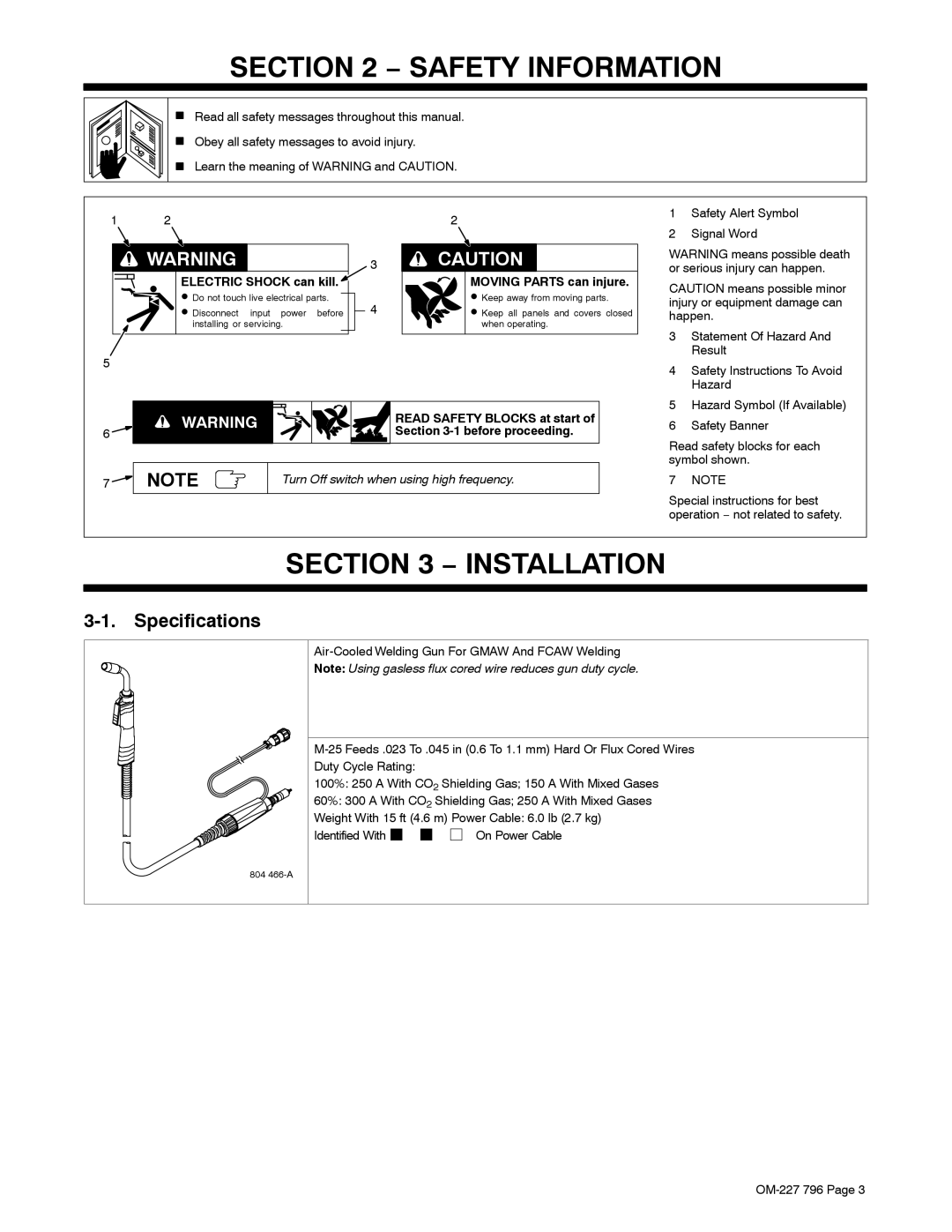 Miller Electric M-25 manual Safety Information, Installation, Specifications 