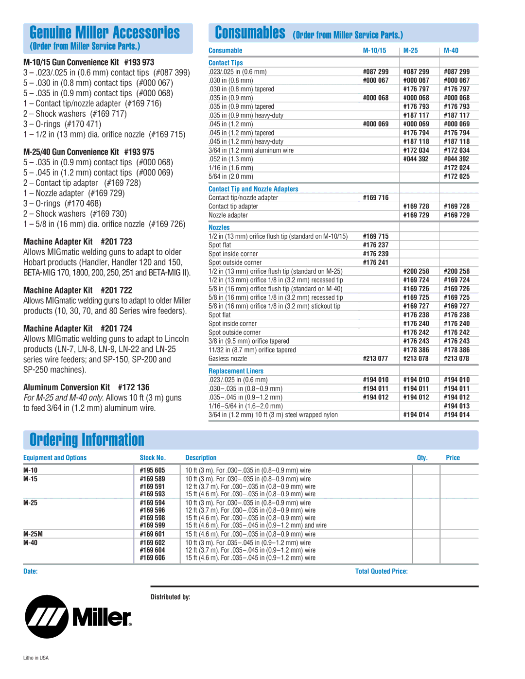 Miller Electric M Series specifications Consumables Order from Miller Service Parts 