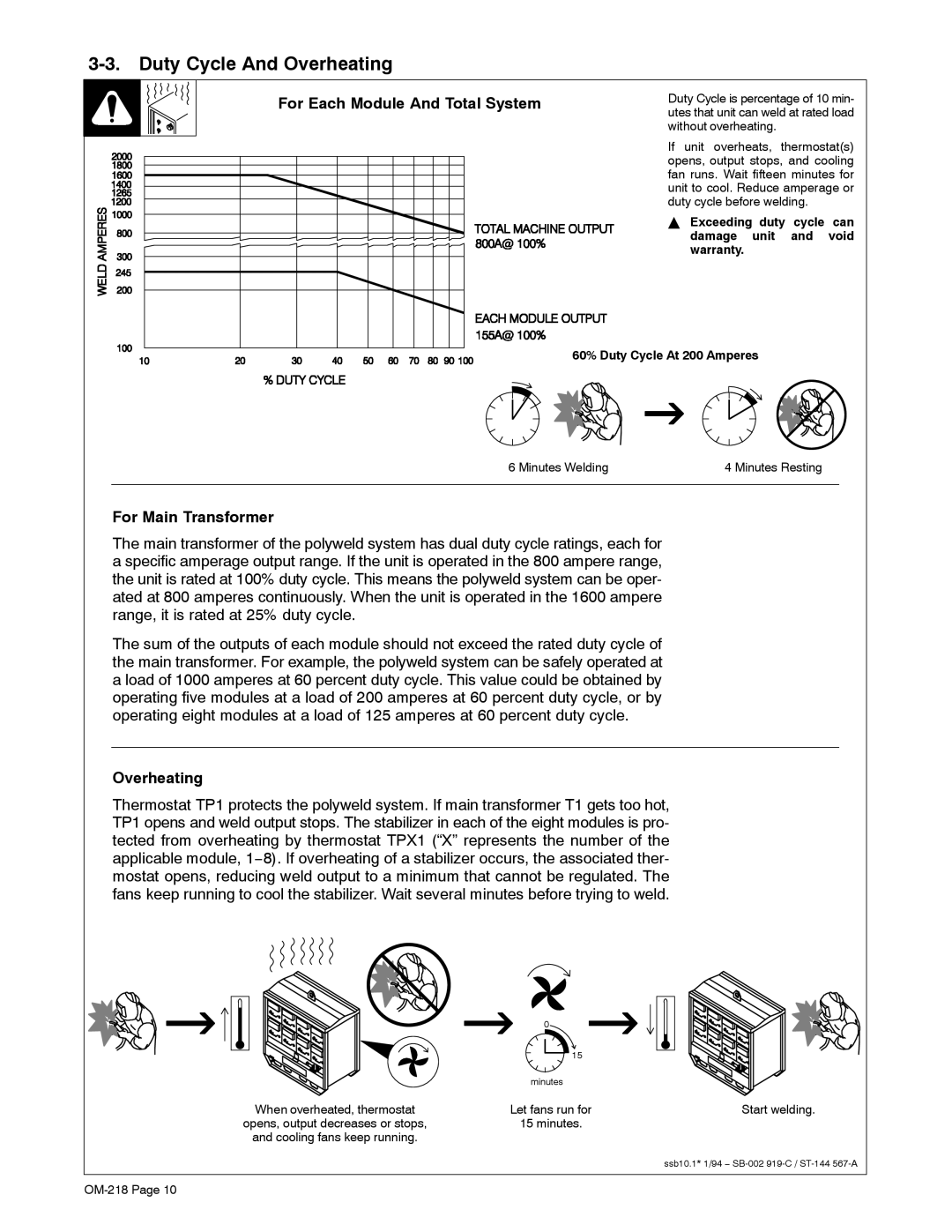 Miller Electric MARK VIII-2 manual Duty Cycle And Overheating, For Each Module And Total System, For Main Transformer 