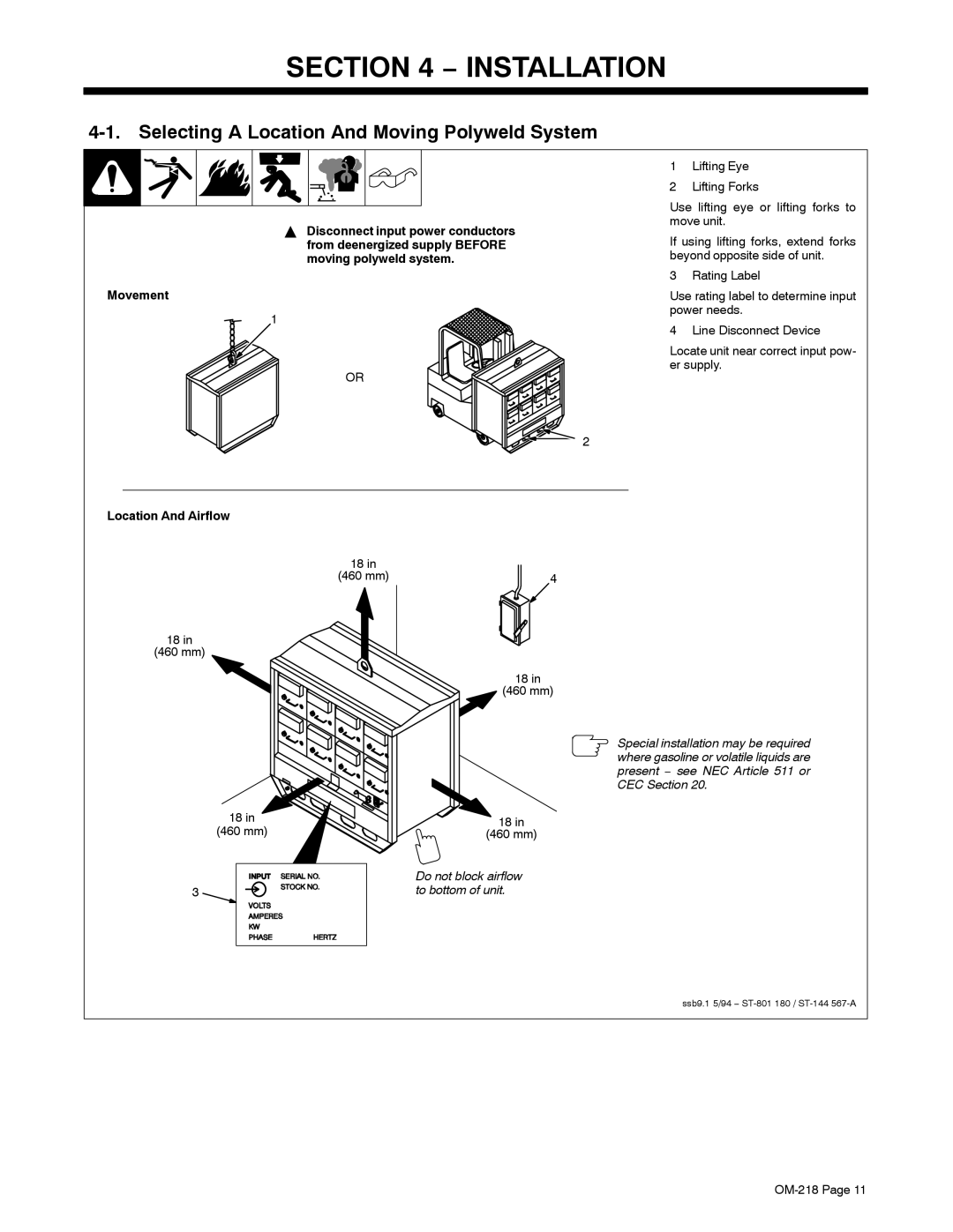 Miller Electric MARK VIII-2 Installation, Selecting a Location And Moving Polyweld System, Movement, Location And Airflow 