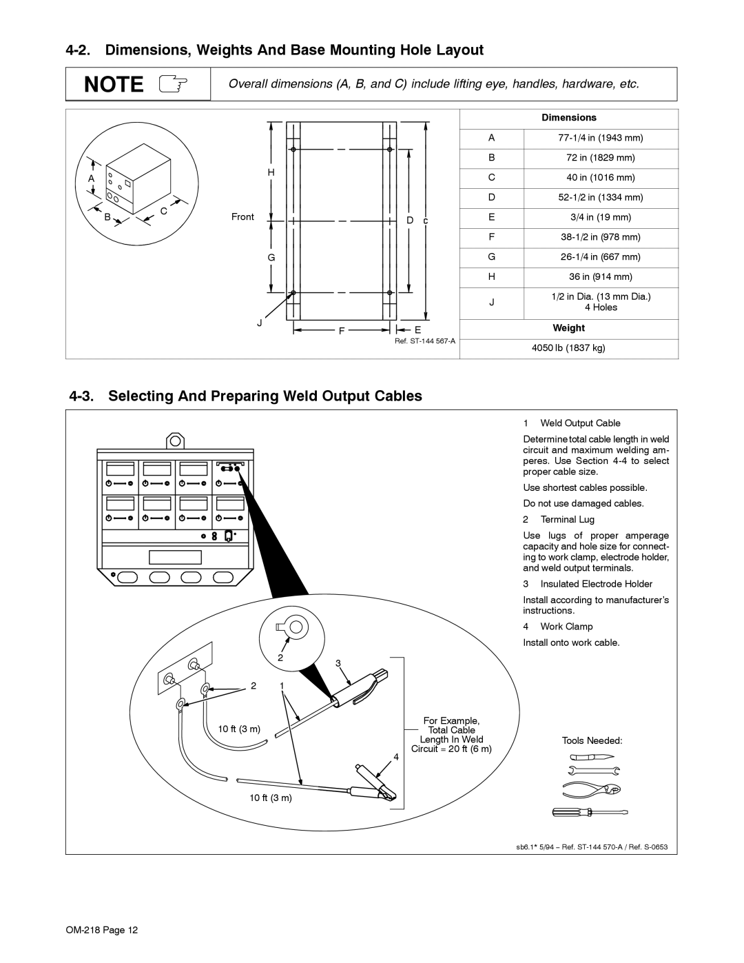 Miller Electric MARK VIII-2 Dimensions, Weights And Base Mounting Hole Layout, Selecting And Preparing Weld Output Cables 