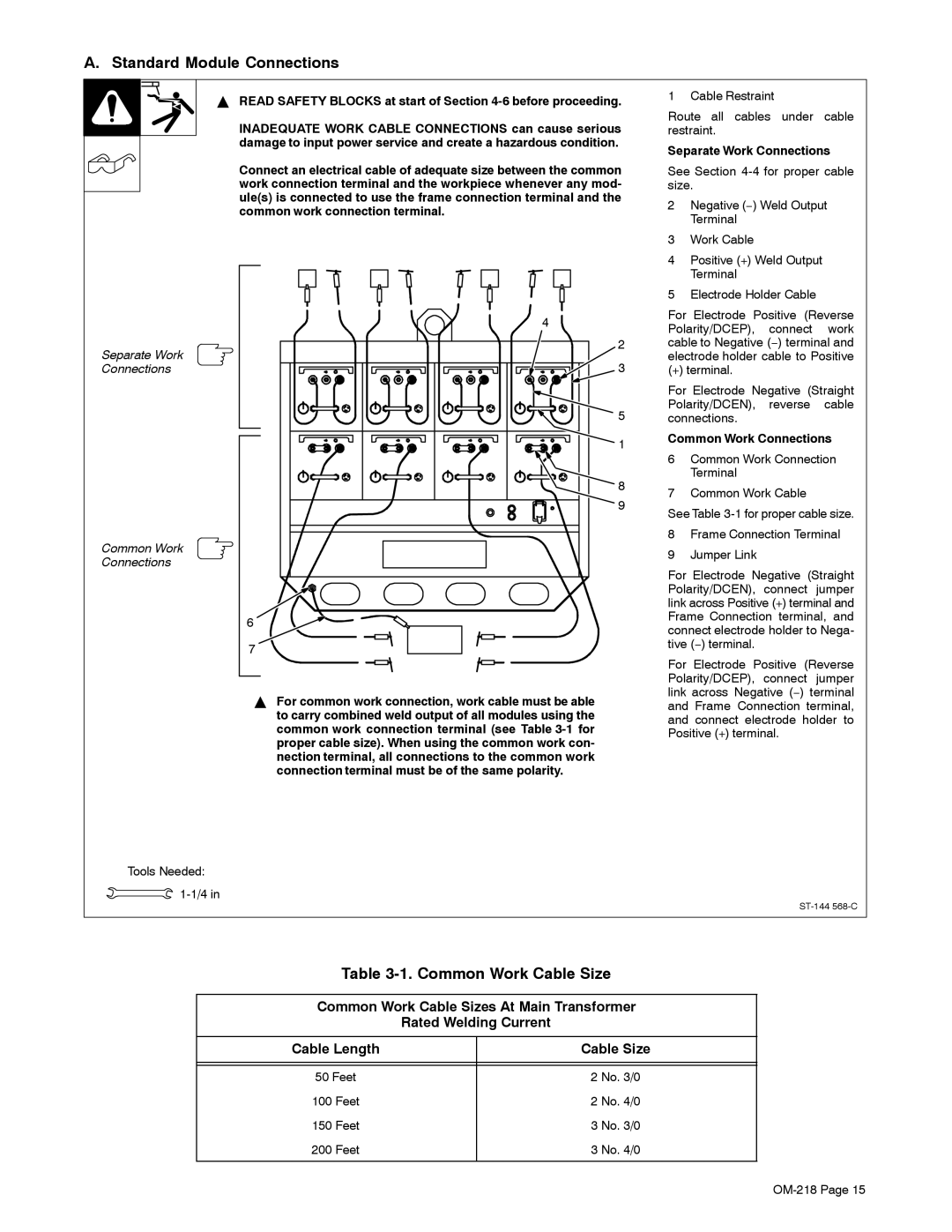 Miller Electric MARK VIII-2 manual Standard Module Connections, Common Work Cable Size, Separate Work Connections 