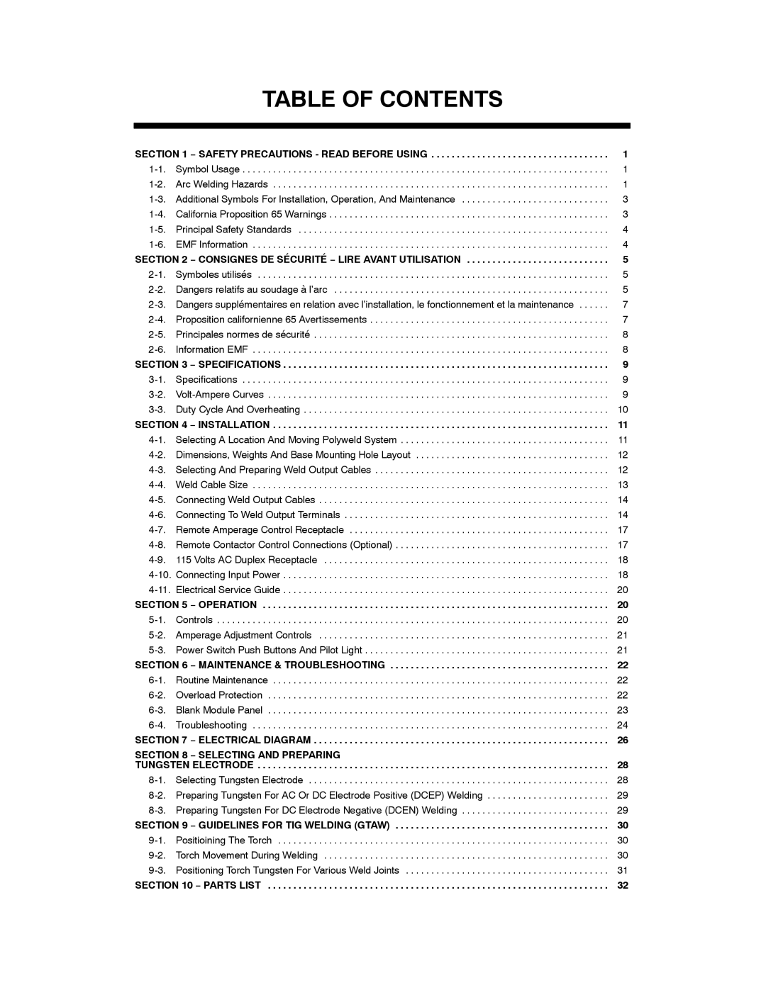 Miller Electric MARK VIII-2 manual Table of Contents 