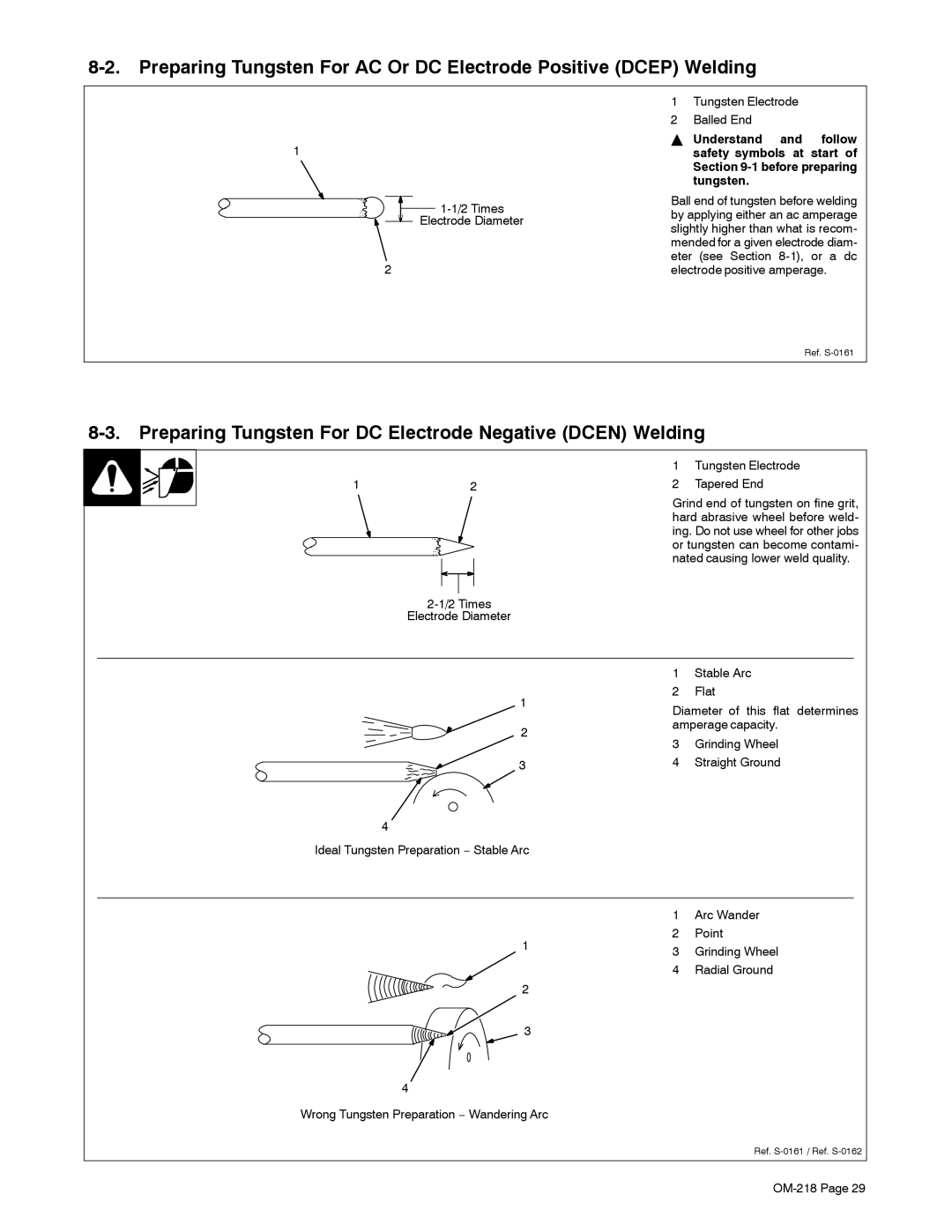 Miller Electric MARK VIII-2 manual Preparing Tungsten For DC Electrode Negative Dcen Welding 