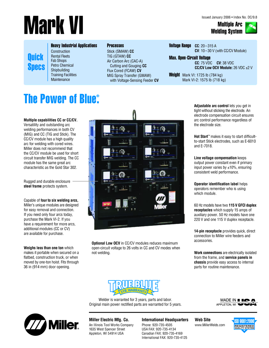 Miller Electric MARKVI manual Multiple Arc, Miller Electric Mfg. Co, Web Site 