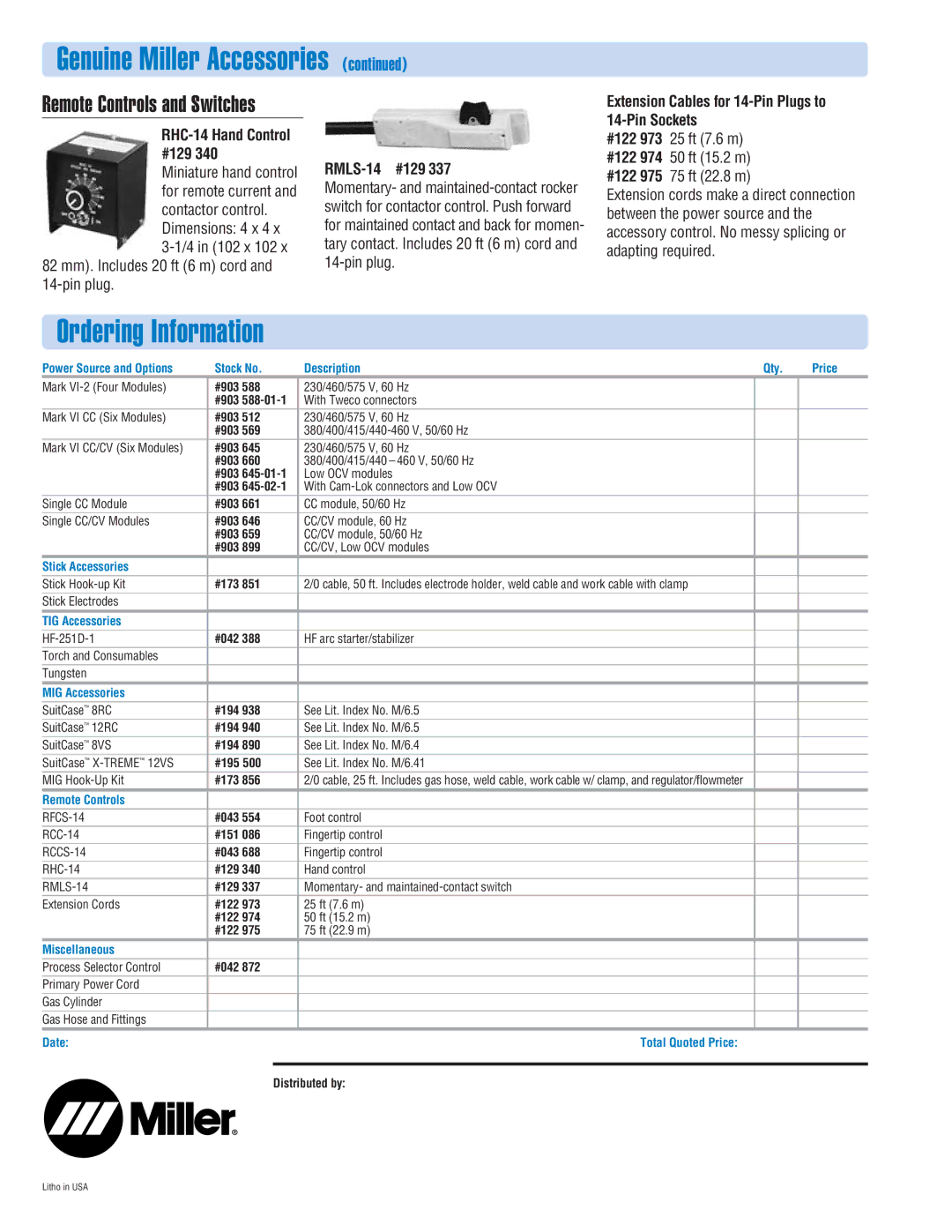 Miller Electric MARKVI manual Ordering Information, RHC-14 Hand Control #129, RMLS-14 #129 