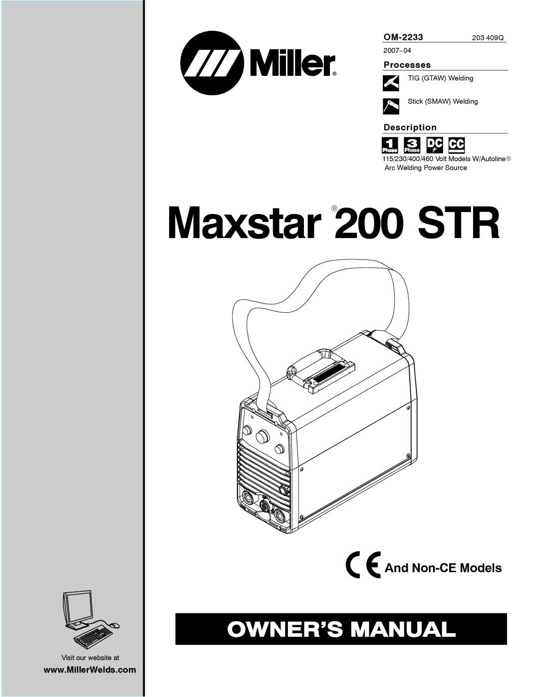 Miller Electric Maxstar 200 STR manual OM-2233 203 409Q, Processes, Description 