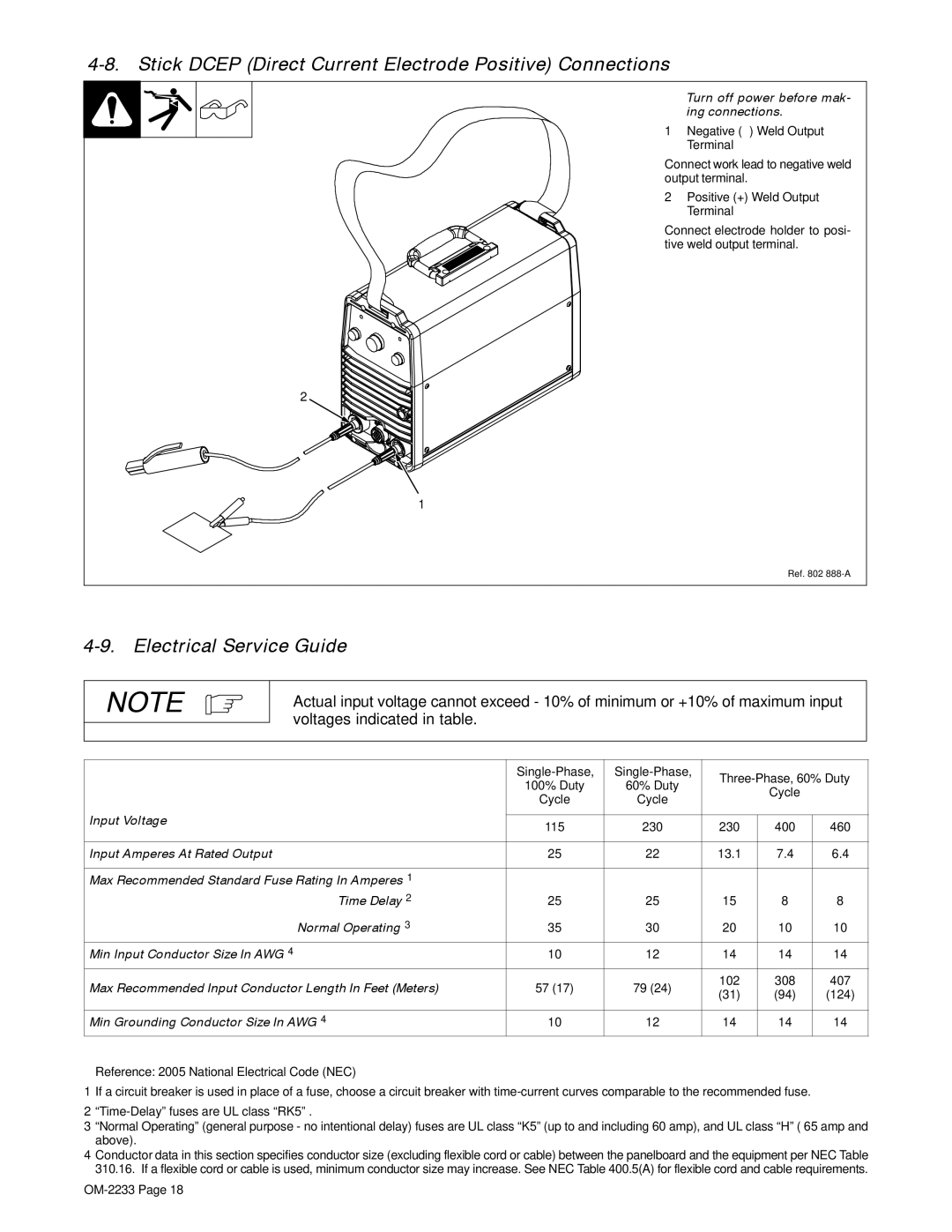 Miller Electric Maxstar 200 STR manual Stick Dcep Direct Current Electrode Positive Connections, Electrical Service Guide 