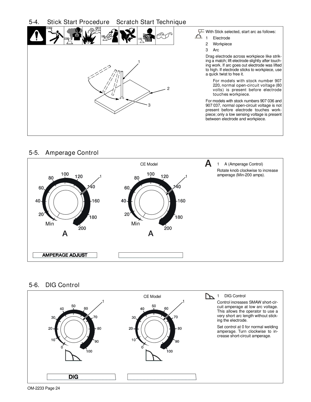 Miller Electric Maxstar 200 STR manual Stick Start Procedure − Scratch Start Technique, Amperage Control, DIG Control, Min 