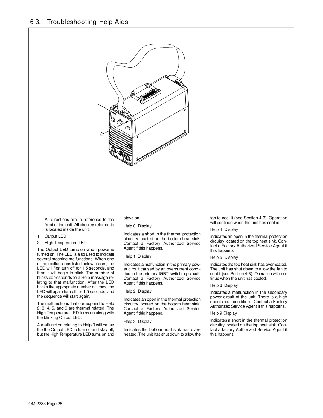 Miller Electric Maxstar 200 STR manual Troubleshooting Help Aids, Output LED High Temperature LED, Help 8 Display 