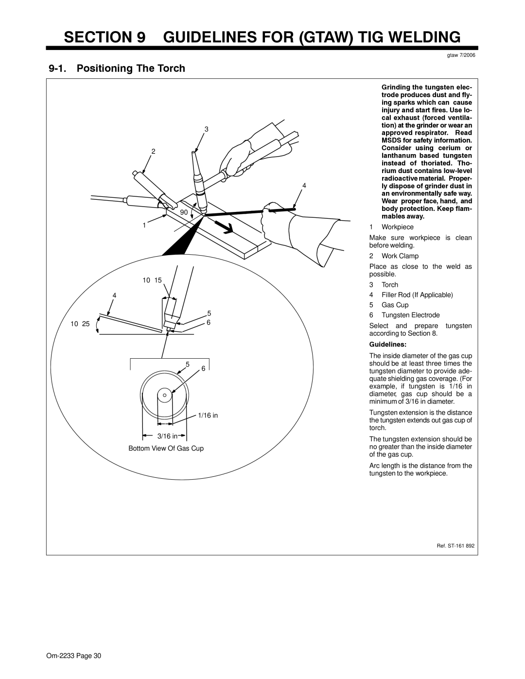 Miller Electric Maxstar 200 STR manual Guidelines for Gtaw TIG Welding, Positioning The Torch 