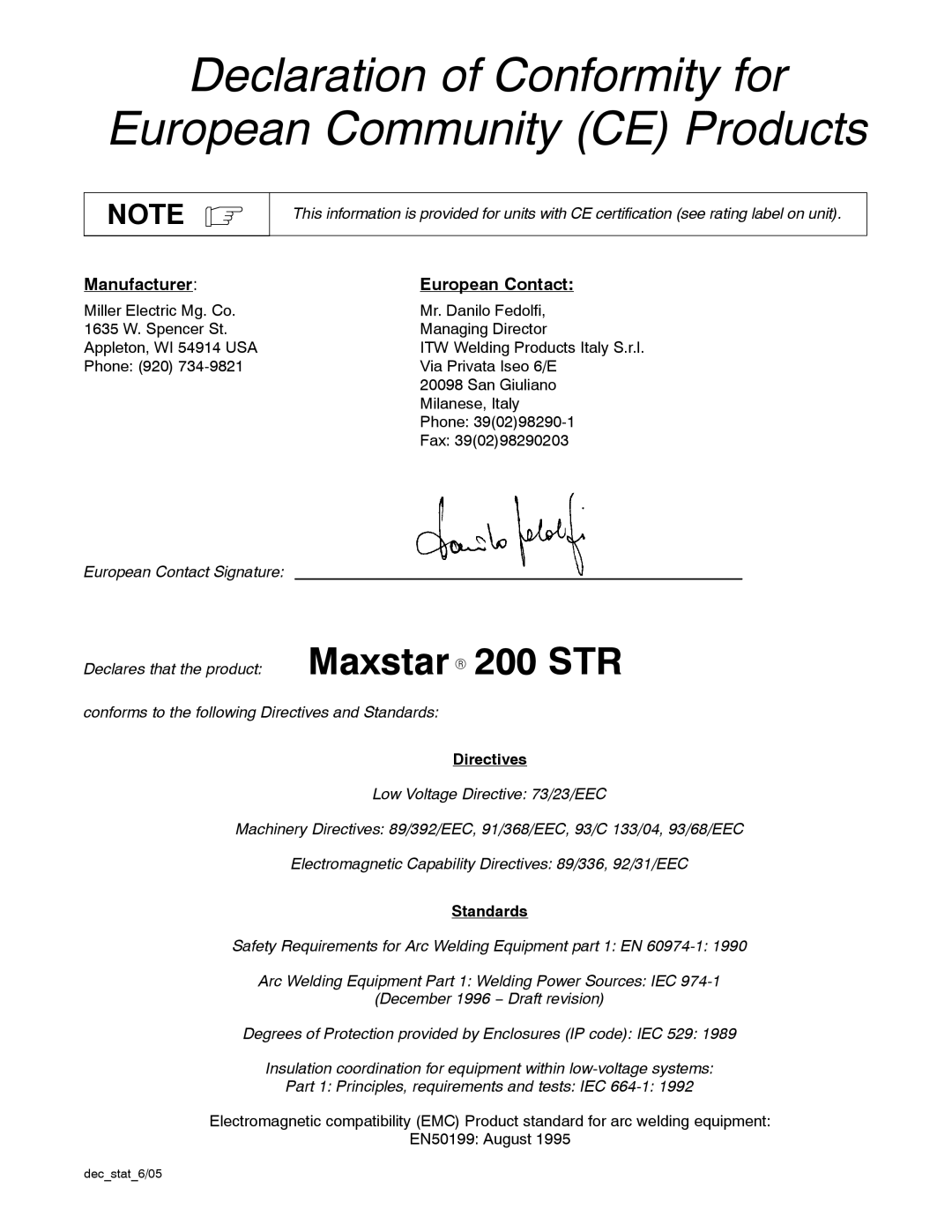 Miller Electric Maxstar 200 STR manual Directives, Standards, Decstat6/05 