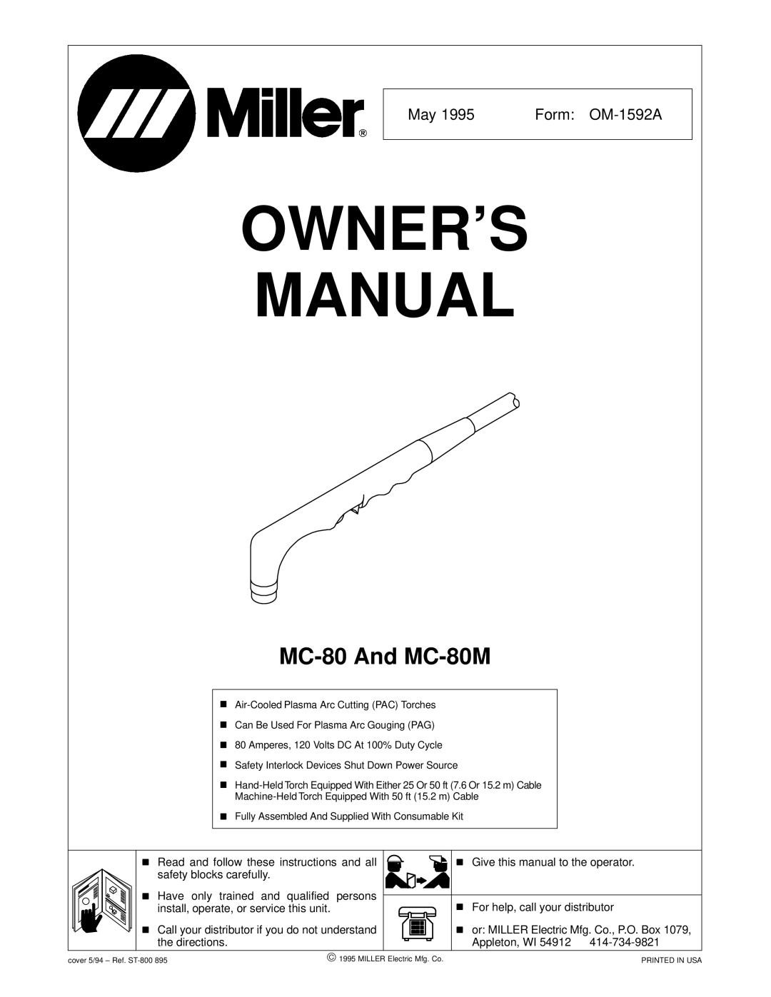 Miller Electric MC-80M owner manual OWNER’S Manual 