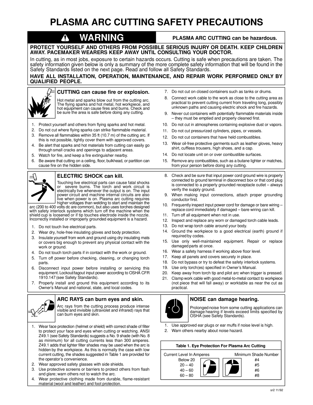 Miller Electric MC-80M owner manual Plasma ARC Cutting Safety Precautions 