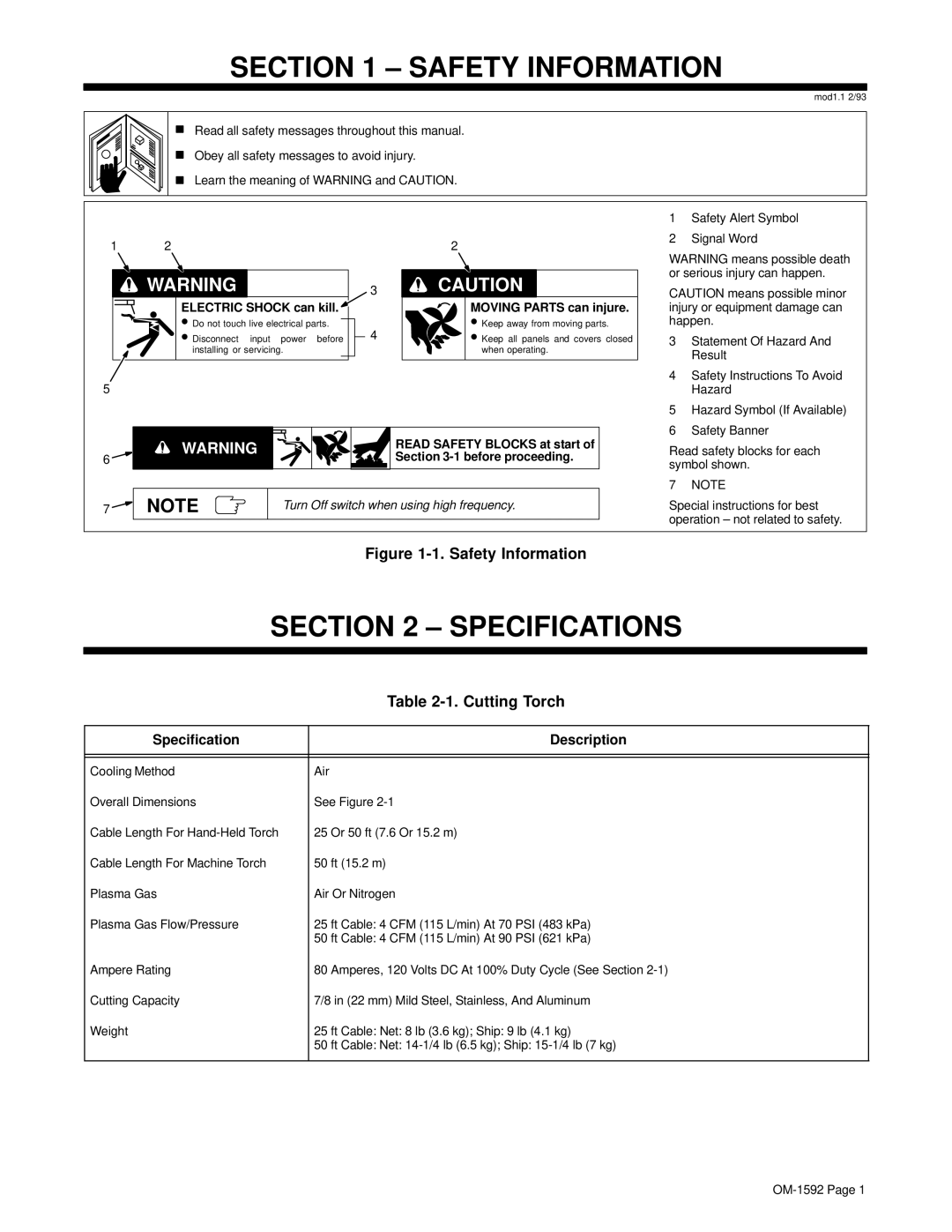 Miller Electric MC-80M owner manual Safety Information, Specifications, Cutting Torch 