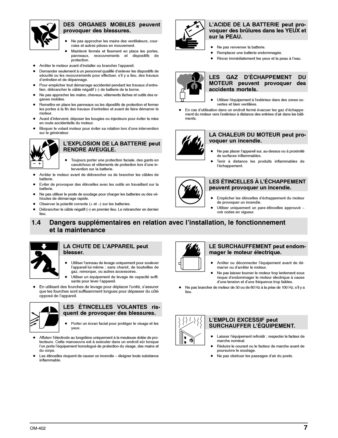 Miller Electric Metro 250D manual DES Organes Mobiles peuvent provoquer des blessures, ’EXPLOSION DE LA Batterie peut 