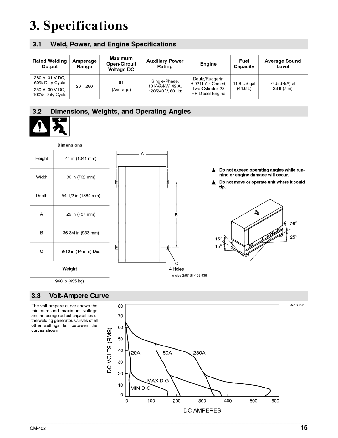 Miller Electric Metro 250D manual Weld, Power, and Engine Specifications, Dimensions, Weights, and Operating Angles 