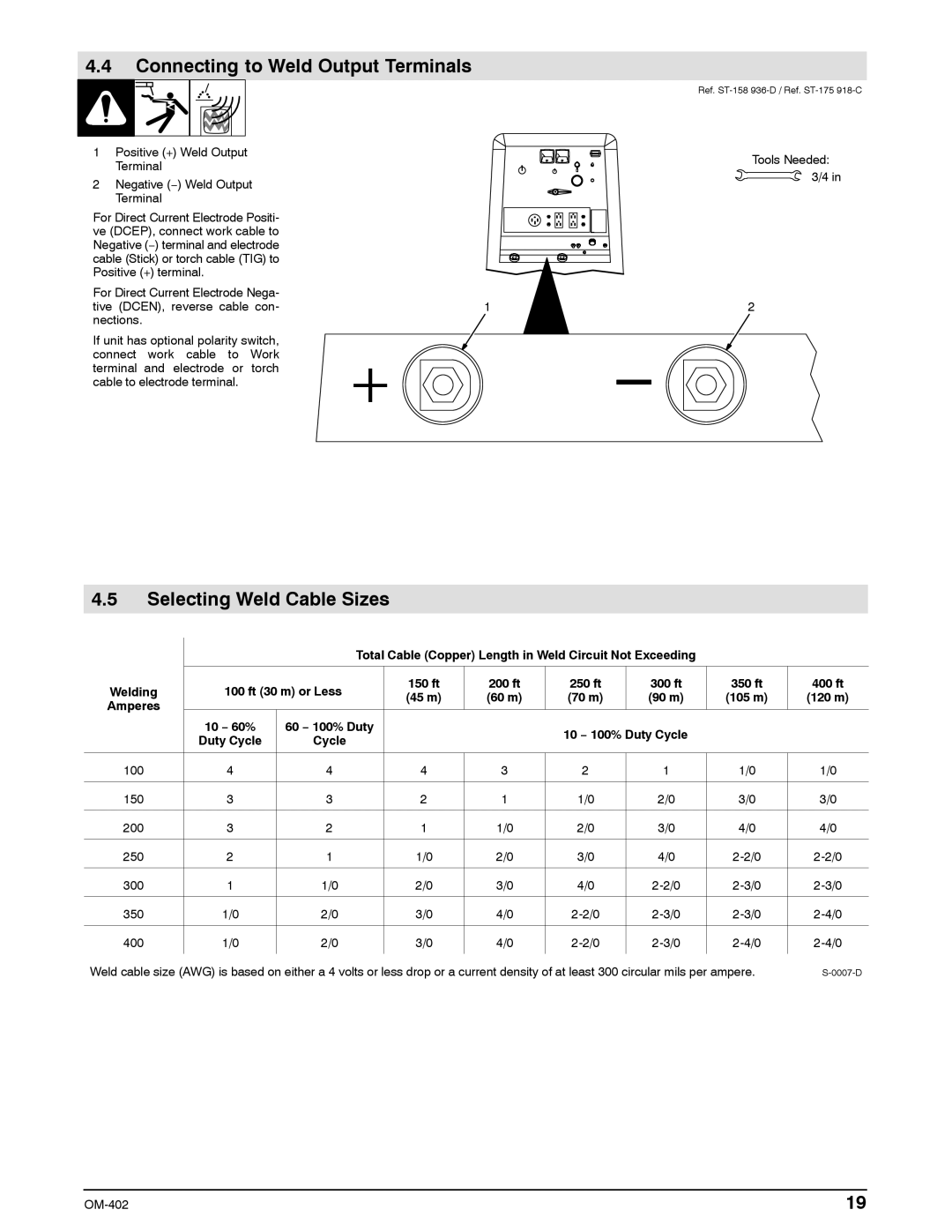 Miller Electric Metro 250D manual Connecting to Weld Output Terminals, Selecting Weld Cable Sizes, 100 ft 30 m or Less 