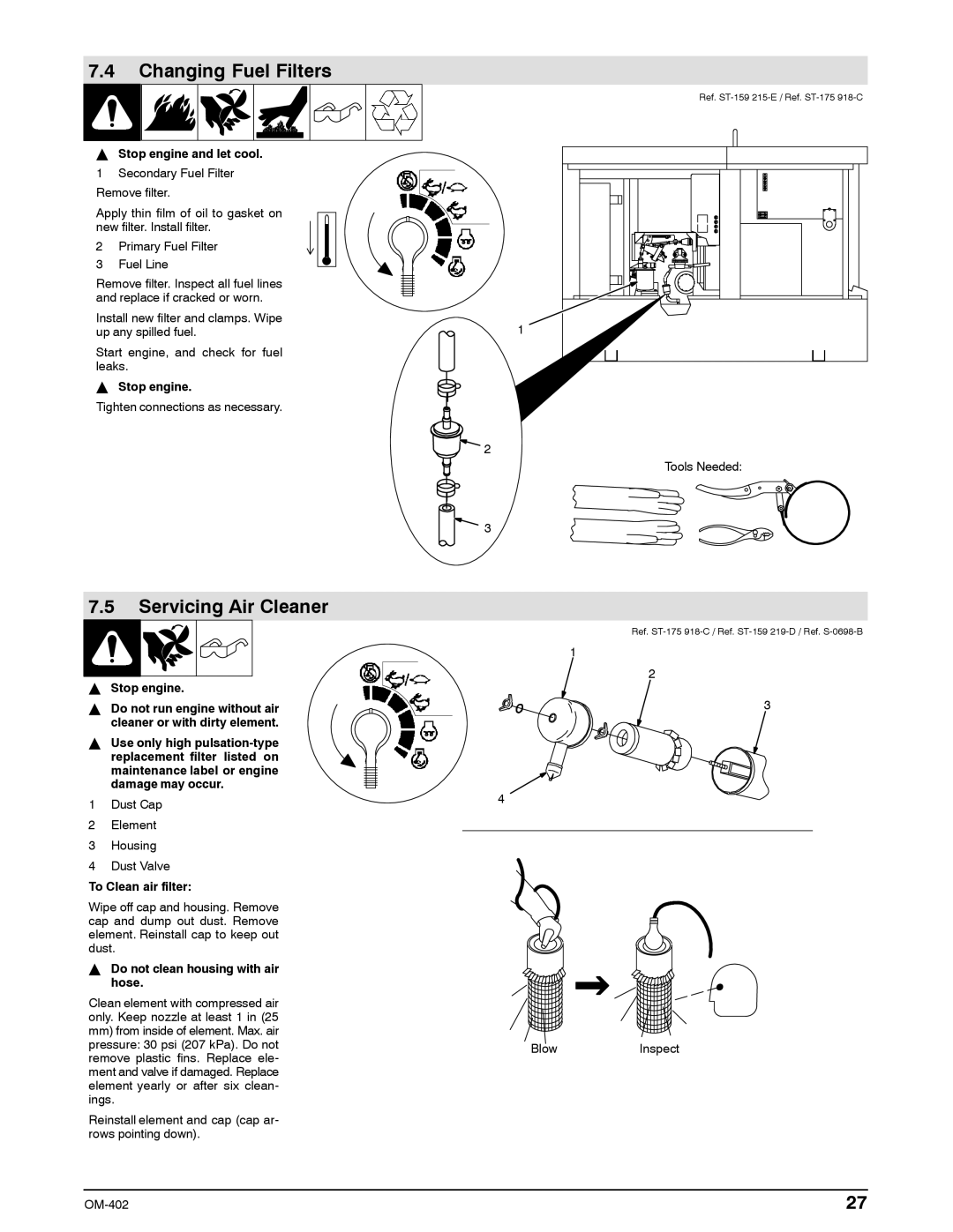 Miller Electric Metro 250D Changing Fuel Filters, Servicing Air Cleaner, Stop engine and let cool, To Clean air filter 