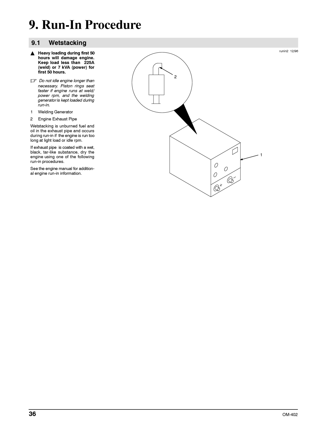 Miller Electric Metro 250D manual Run-In Procedure, Wetstacking, Heavy loading during first 