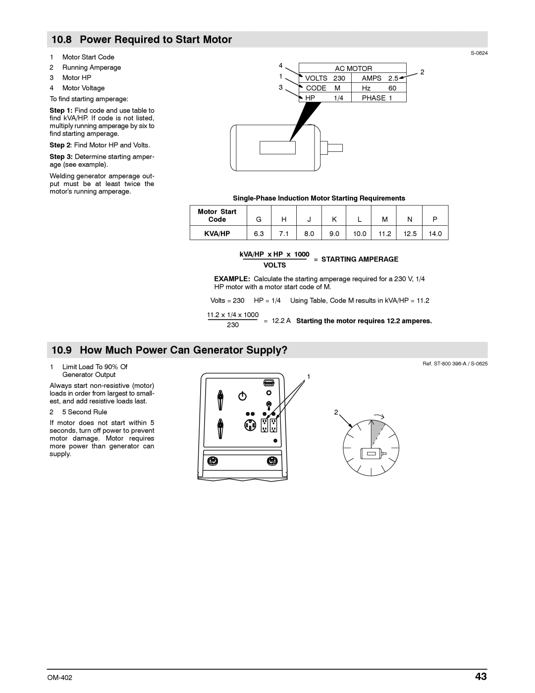 Miller Electric Metro 250D manual Power Required to Start Motor, How Much Power Can Generator Supply? 