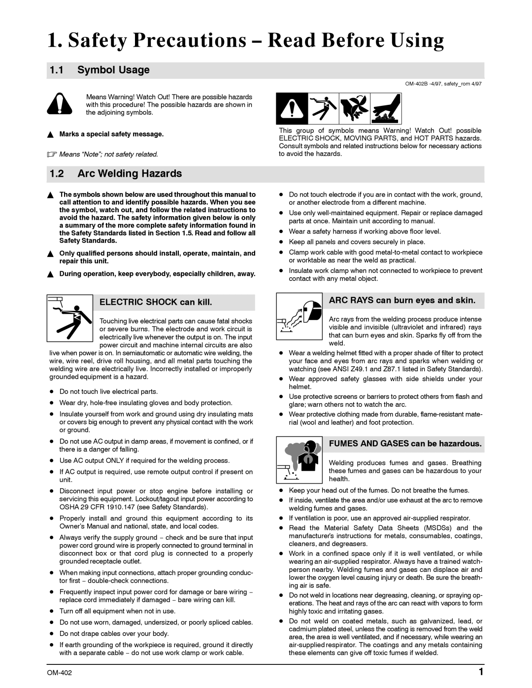 Miller Electric Metro 250D manual Safety Precautions − Read Before Using, Symbol Usage, Arc Welding Hazards 