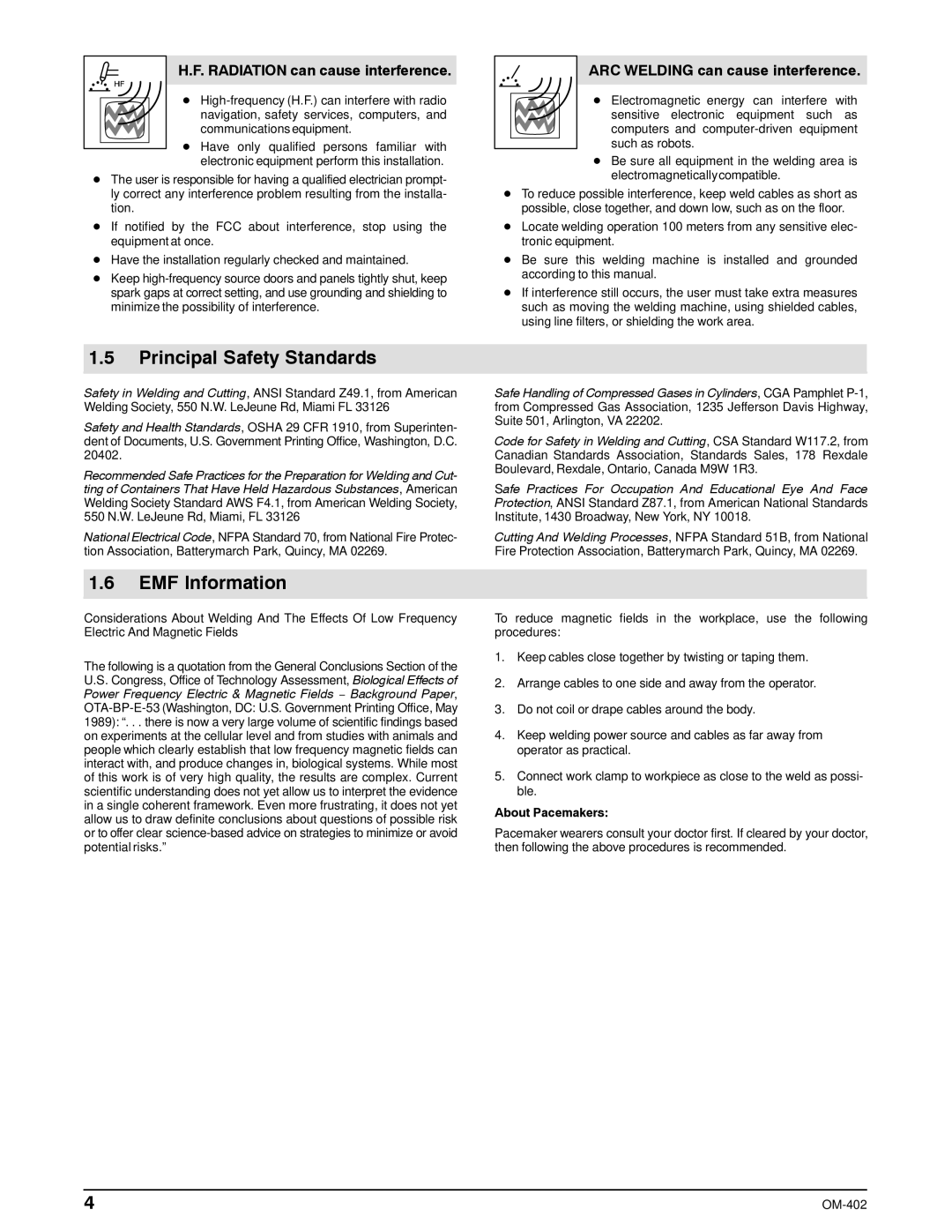 Miller Electric Metro 250D Principal Safety Standards, EMF Information, Radiation can cause interference, About Pacemakers 