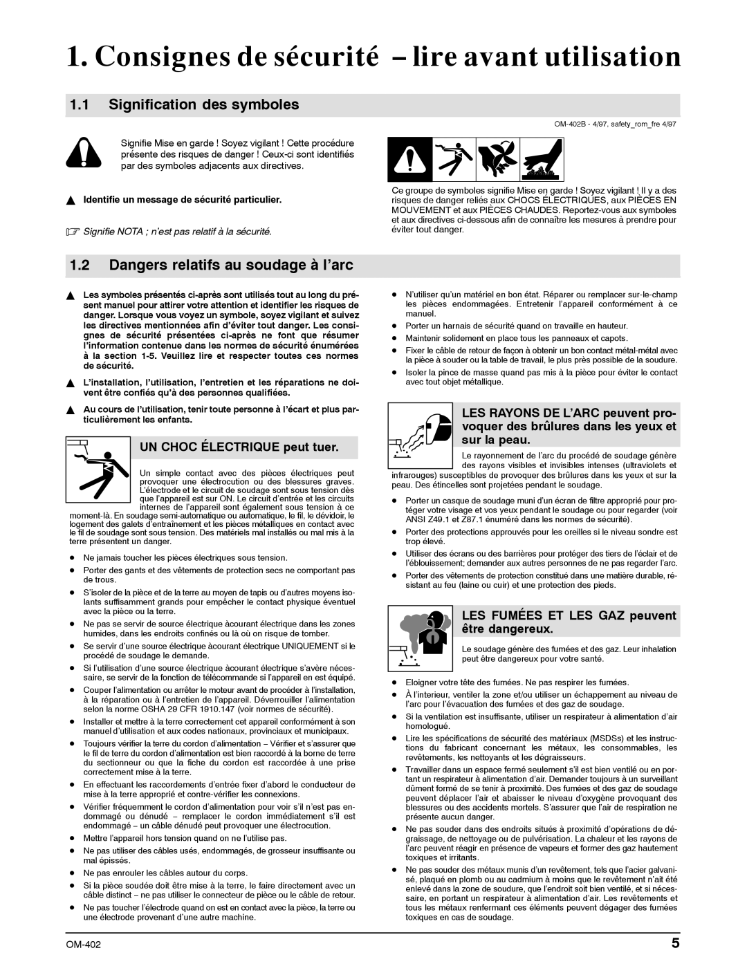 Miller Electric Metro 250D manual Consignes de sécurité − lire avant utilisation, Signification des symboles 