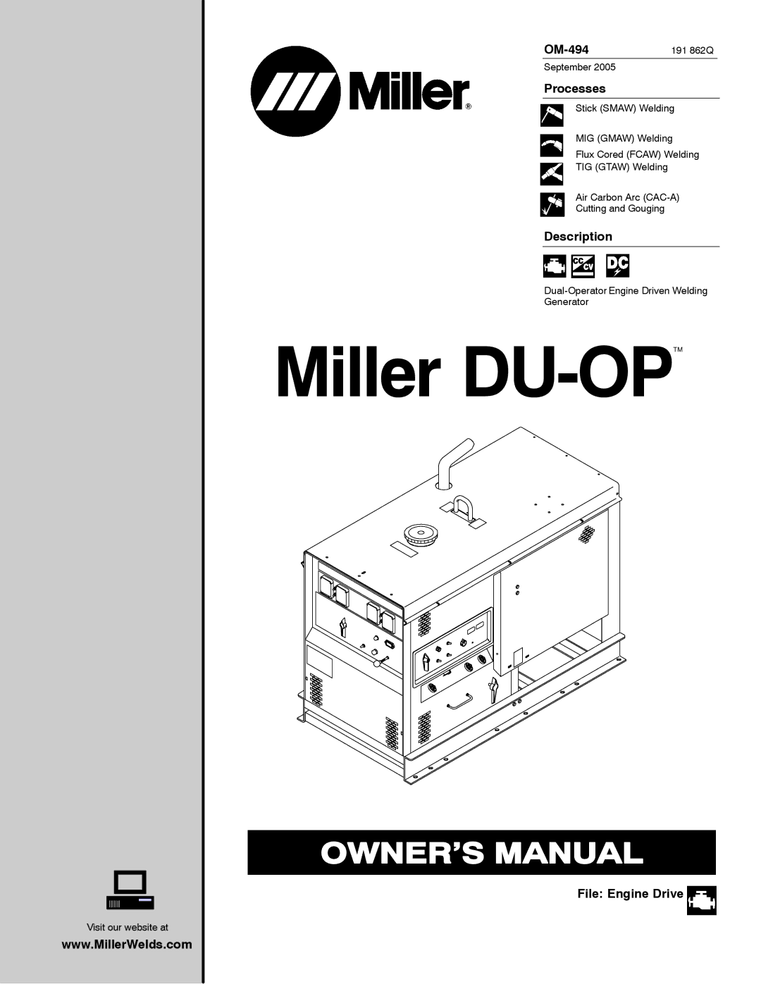 Miller Electric Miller DU-OP manual Processes, Description, File Engine Drive 