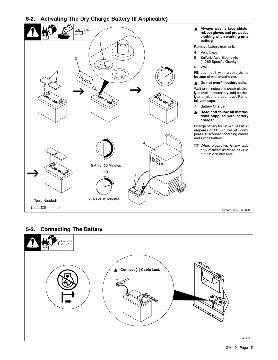 Miller Electric Miller DU-OP manual Activating The Dry Charge Battery If Applicable, Connecting The Battery, For 30 Minutes 