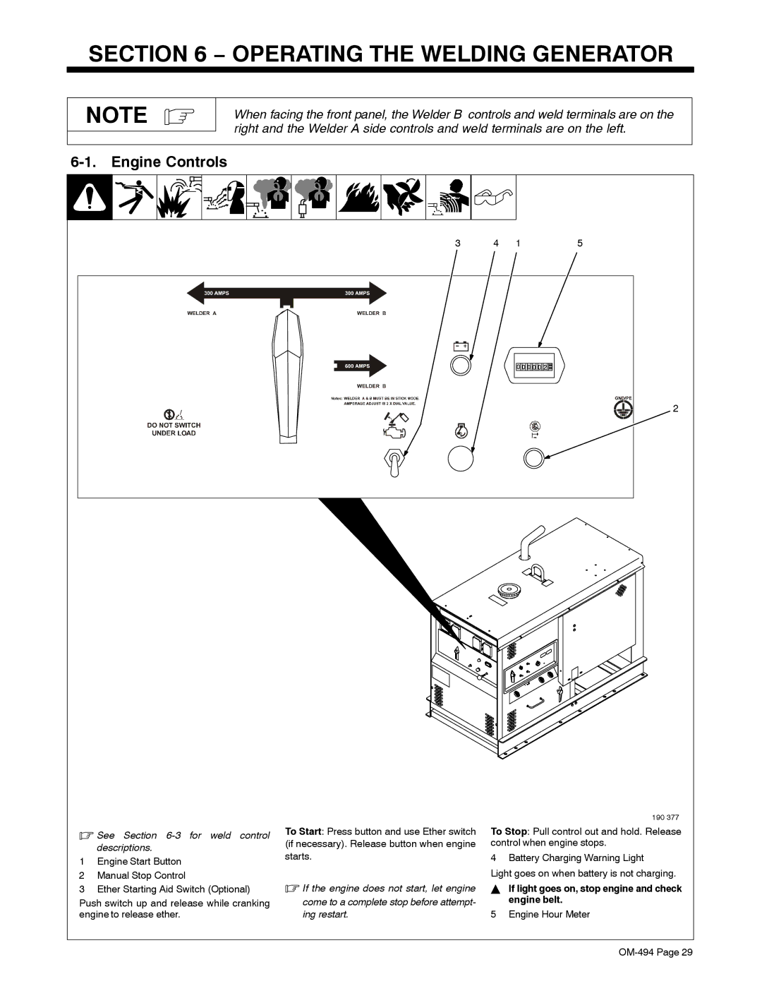 Miller Electric Miller DU-OP manual Operating the Welding Generator, Engine Controls, See -3for weld control descriptions 