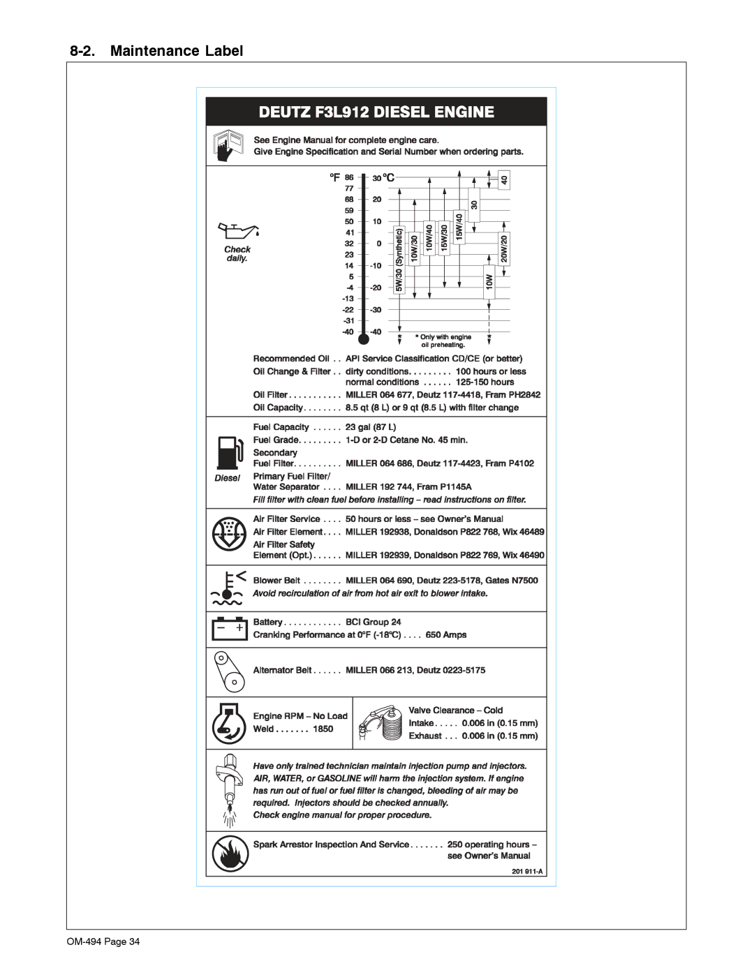 Miller Electric Miller DU-OP manual Maintenance Label 