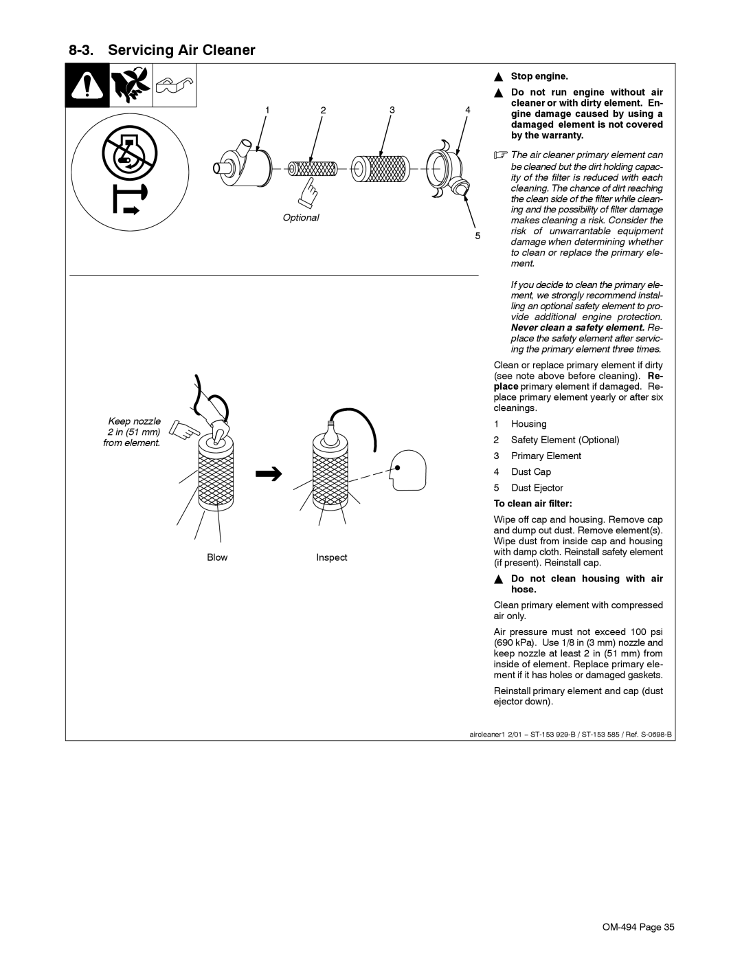 Miller Electric Miller DU-OP Servicing Air Cleaner, Do not run engine without air, By the warranty, To clean air filter 