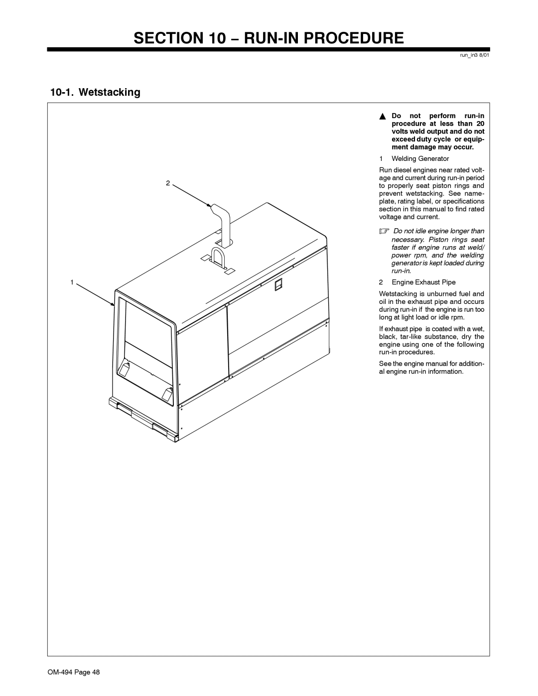 Miller Electric Miller DU-OP manual RUN-IN Procedure, Wetstacking, Ment damage may occur 